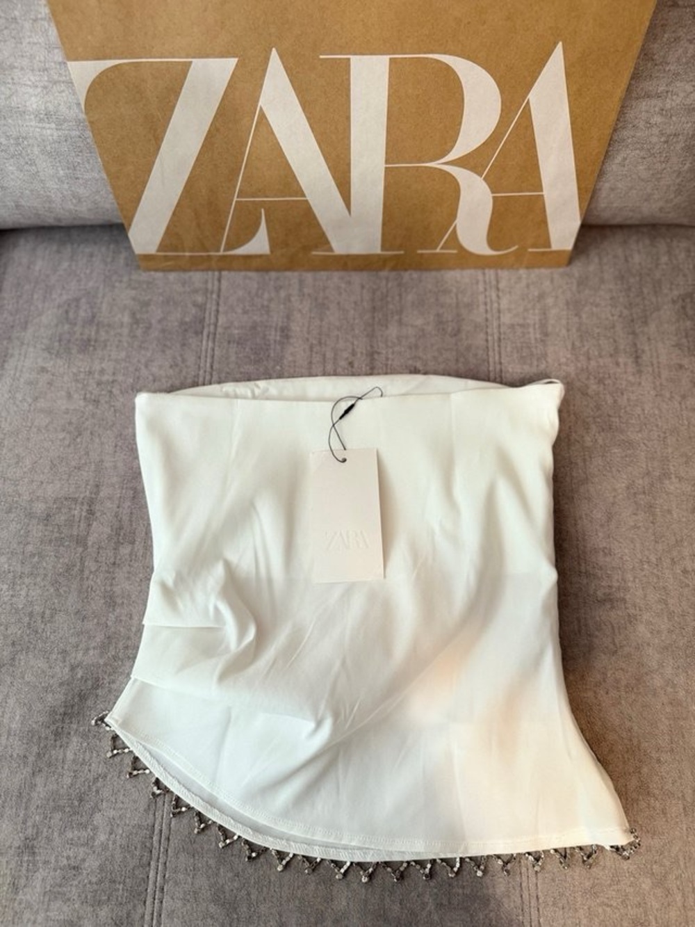 Zara White Strapless Tube Top with Beaded Hem